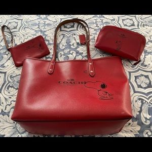 Coach Snoopy tote, cosmetic zip and wristlet